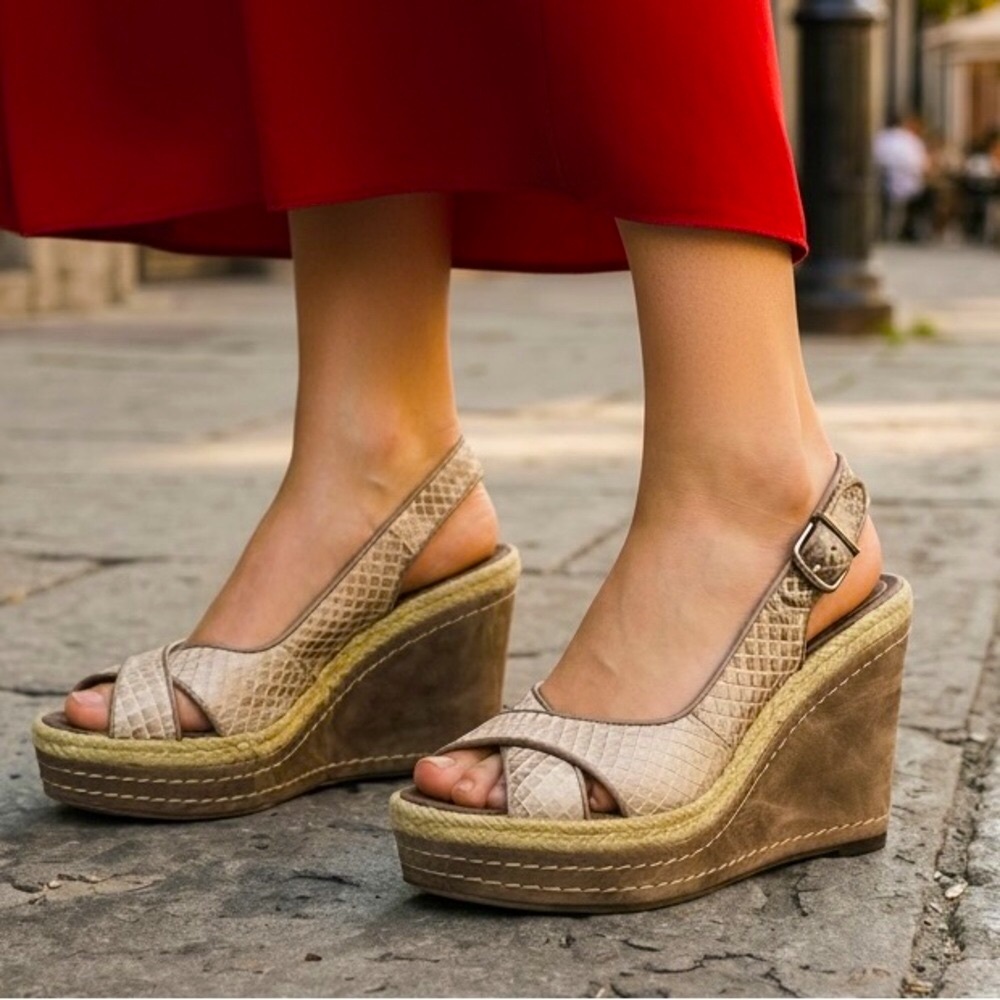 Vince Camuto Estera Leather Snakeskin Print Slingback Wedge Sandals - Picture 6 of 14